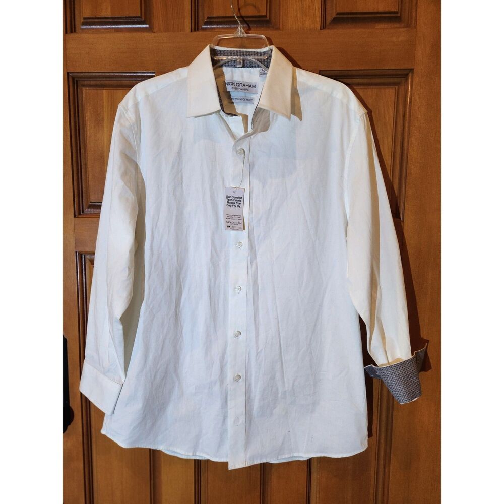 Nick Graham Everywhere White Buttoned Shirt w/ B&W Cuff/Collar Men's Size L NWT!